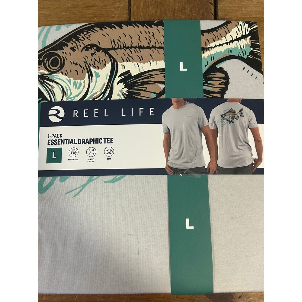 Reel Life Sz L t-shirt small logo front large bass graphic Light Green Fishing
